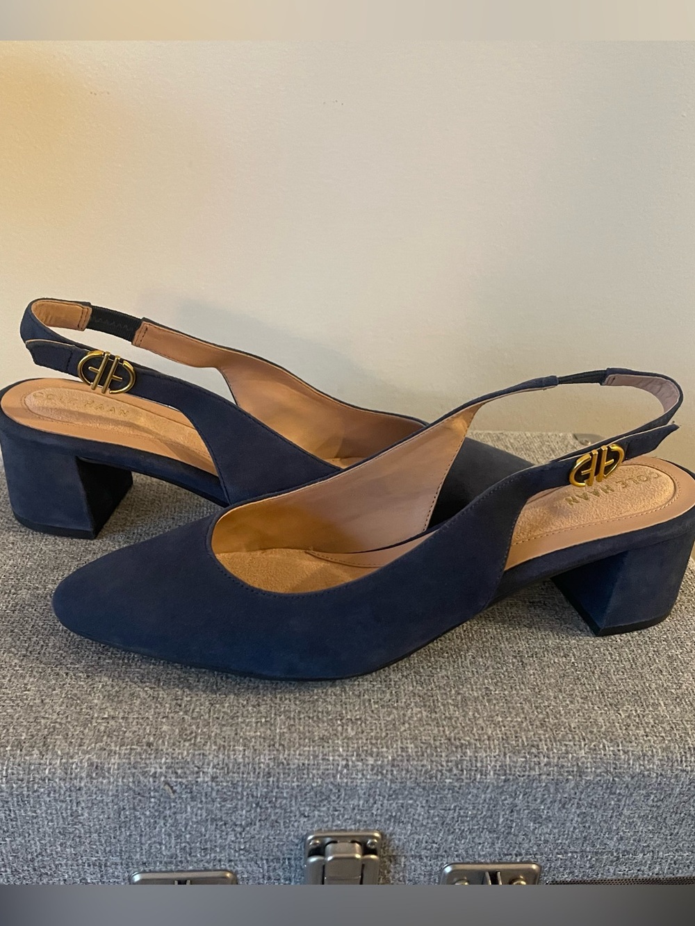 Cole Haan Navy Suede Slingback Block Heel Mules with Gold Buckle